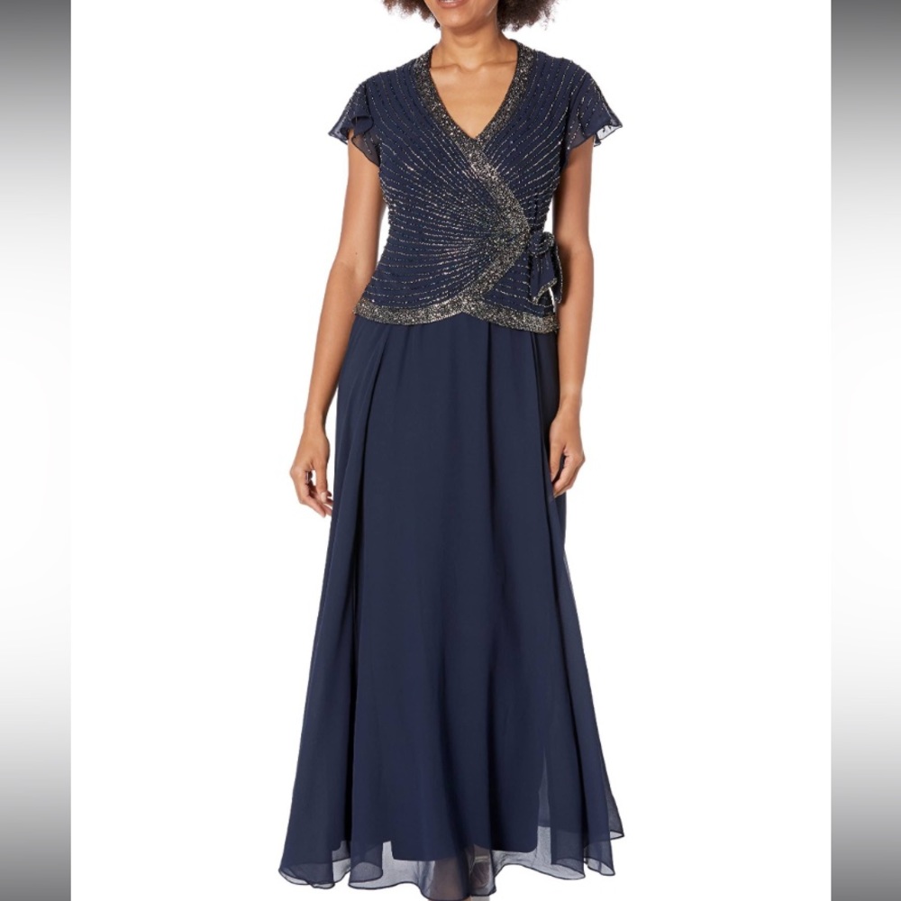 Nwt JKara  Navy Chiffon Embellished Evening Dress Gown - Picture 4 of 14